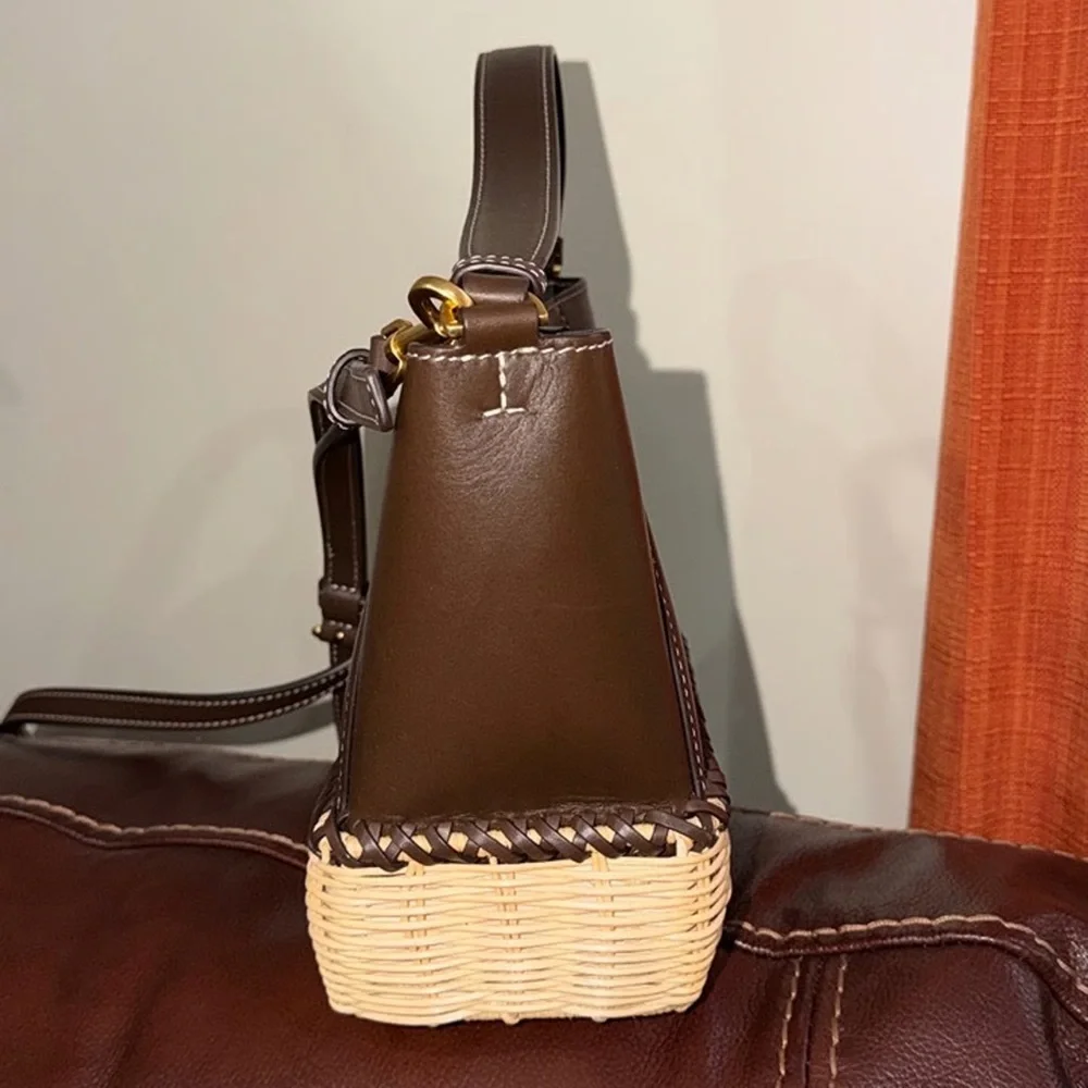 ‼️Tory Burch McGraw Small Wicker Brown Leather Bucket Bag Crossbody Bag
